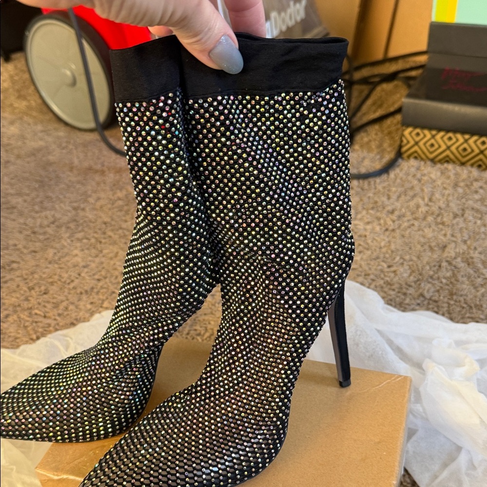 Onlymaker Black Mesh Sock heel with Multi Colored Rhinestone. Size 7